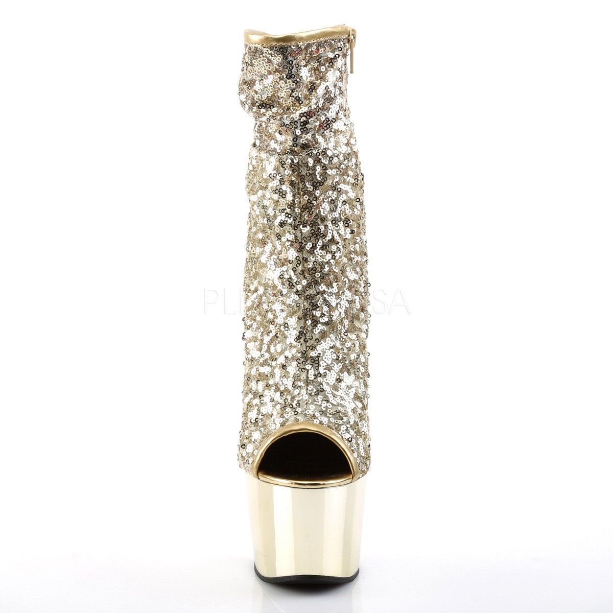ADORE-1008SQ Gold Sequins/Gold Chrome Ankle Boot Pleaser