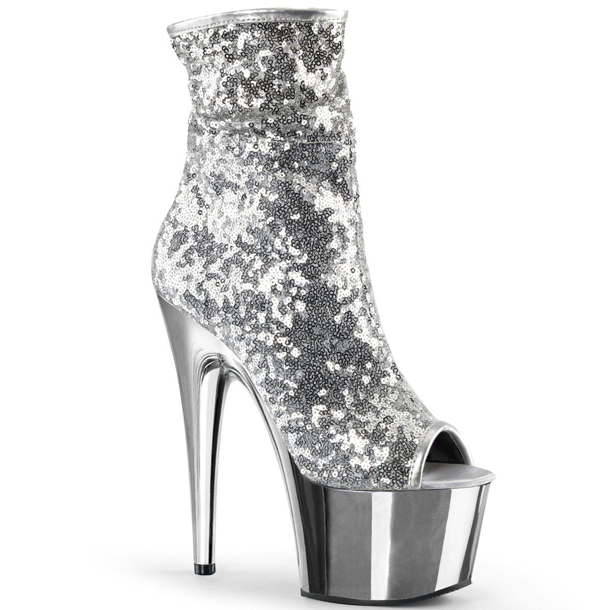 ADORE-1008SQ Silver Sequins/Silver Chrome Ankle Boot Pleaser