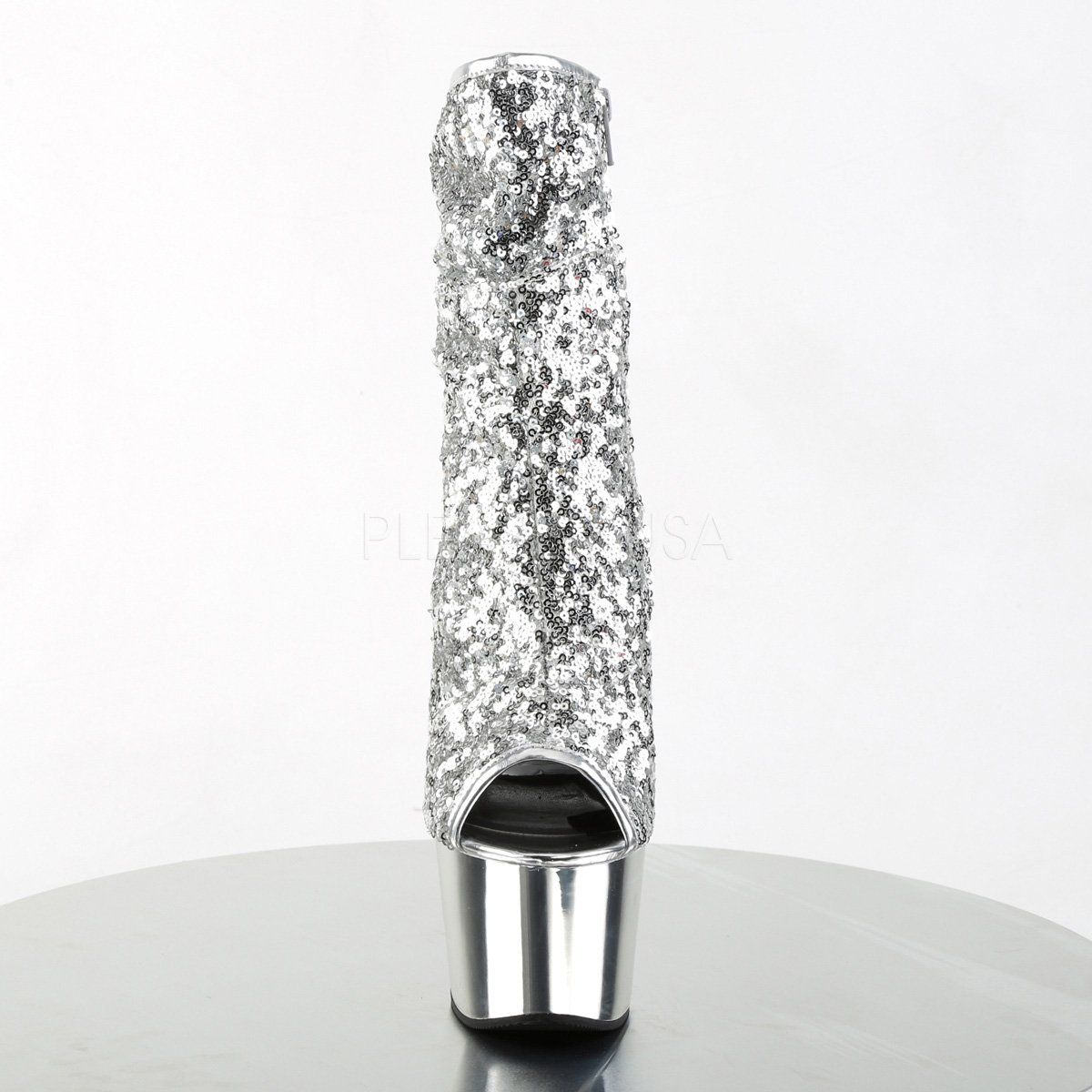 ADORE-1008SQ Silver Sequins/Silver Chrome Ankle Boot Pleaser