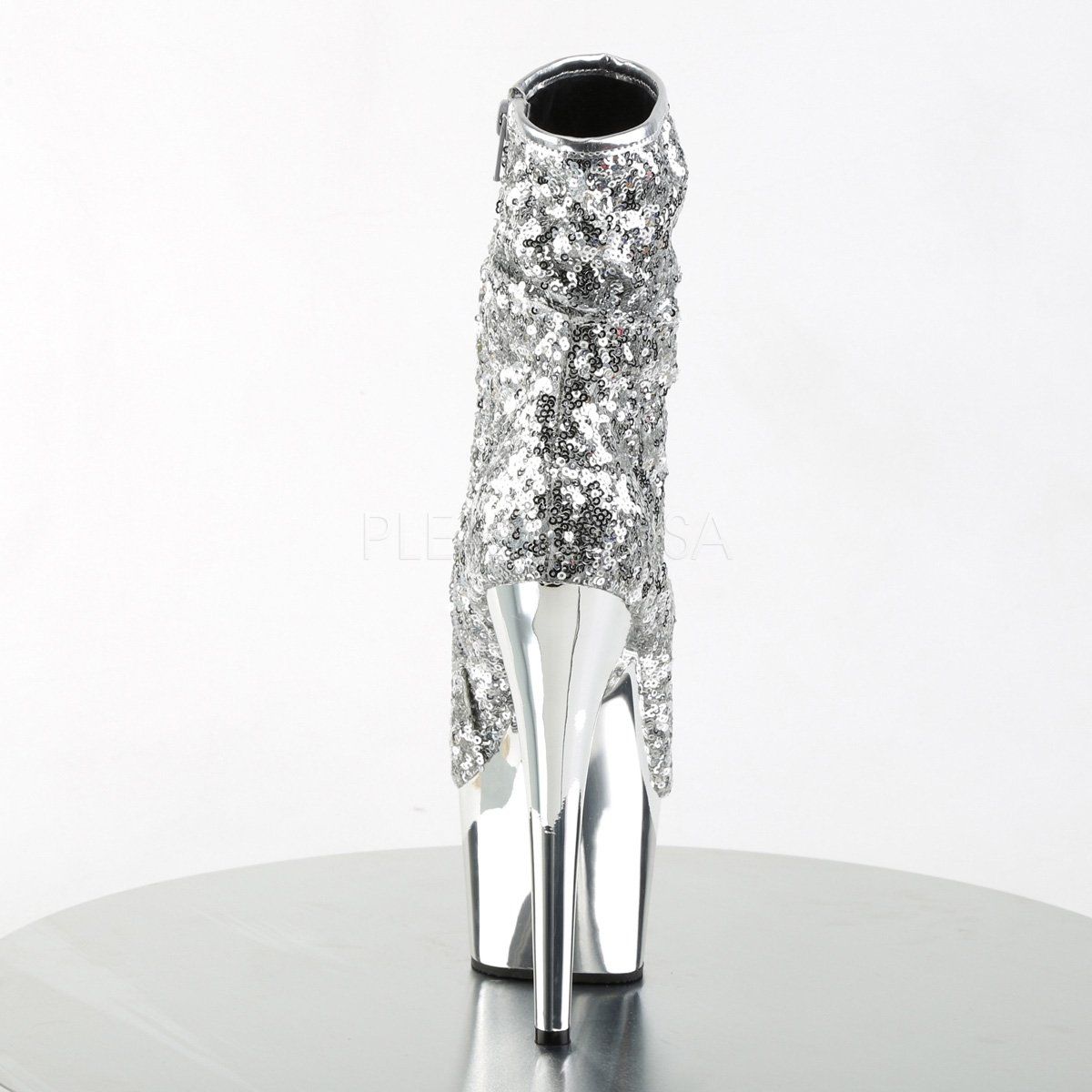 ADORE-1008SQ Silver Sequins/Silver Chrome Ankle Boot Pleaser