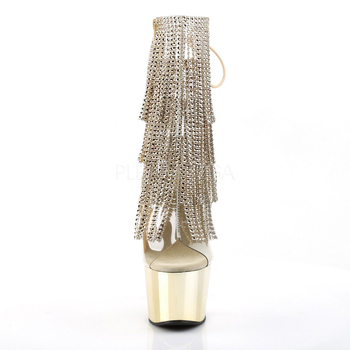ADORE-1017RhinestoneF Clear-Gold/Gold Chrome Ankle Boot Pleaser
