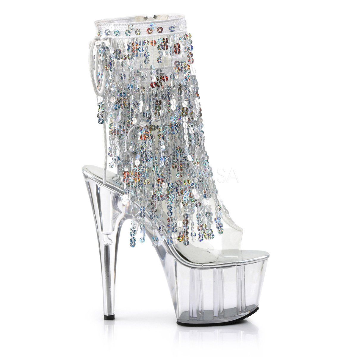 ADORE-1017SQF Clear-Sliver Holo/Clear Ankle Boot Pleaser