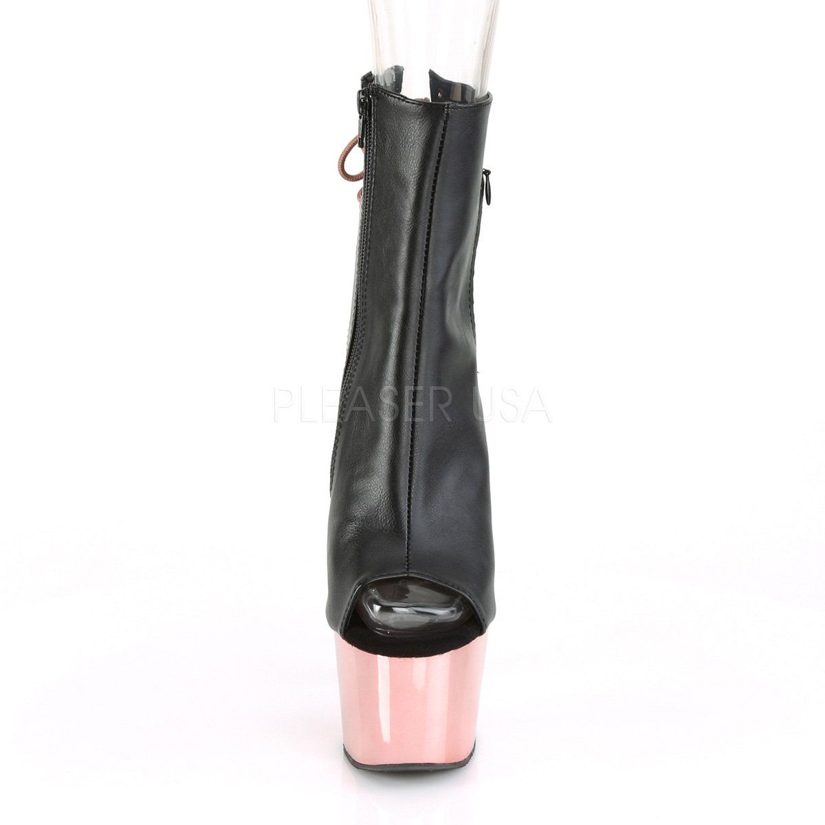 ADORE-1018 Black Faux Leather/Rose Gold Chrome Ankle Boot Pleaser