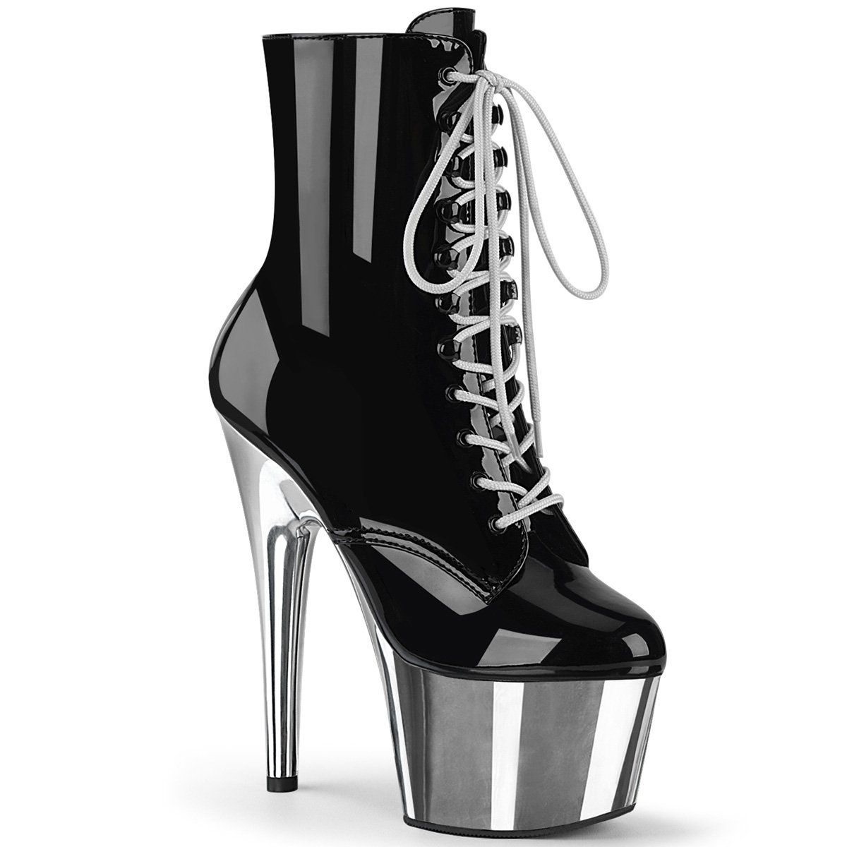 ADORE-1020 Black Patent/Silver Chrome Ankle Boot Pleaser