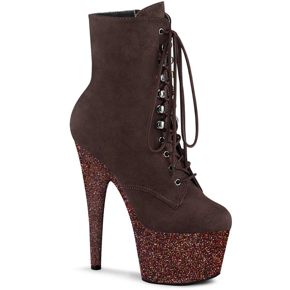 ADORE-1020FSMG Mocha Faux Suede/Mocha Multi Mini Gltr Ankle Boot Pleaser
