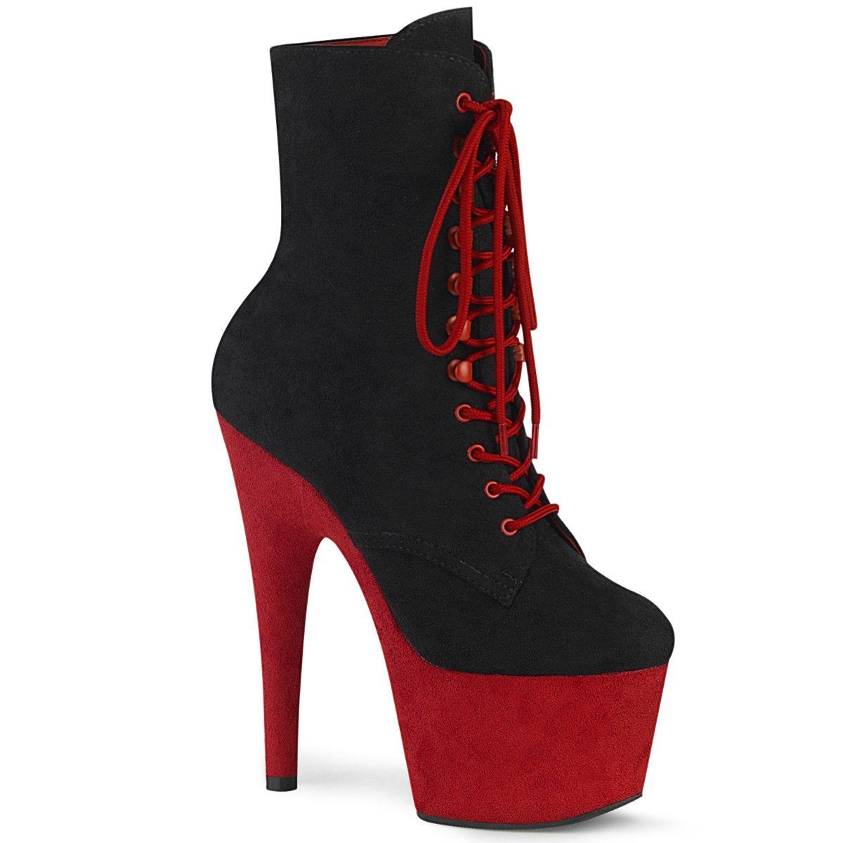 ADORE-1020FSTT Black Faux Suede/Red Faux Suede Ankle Boot Pleaser