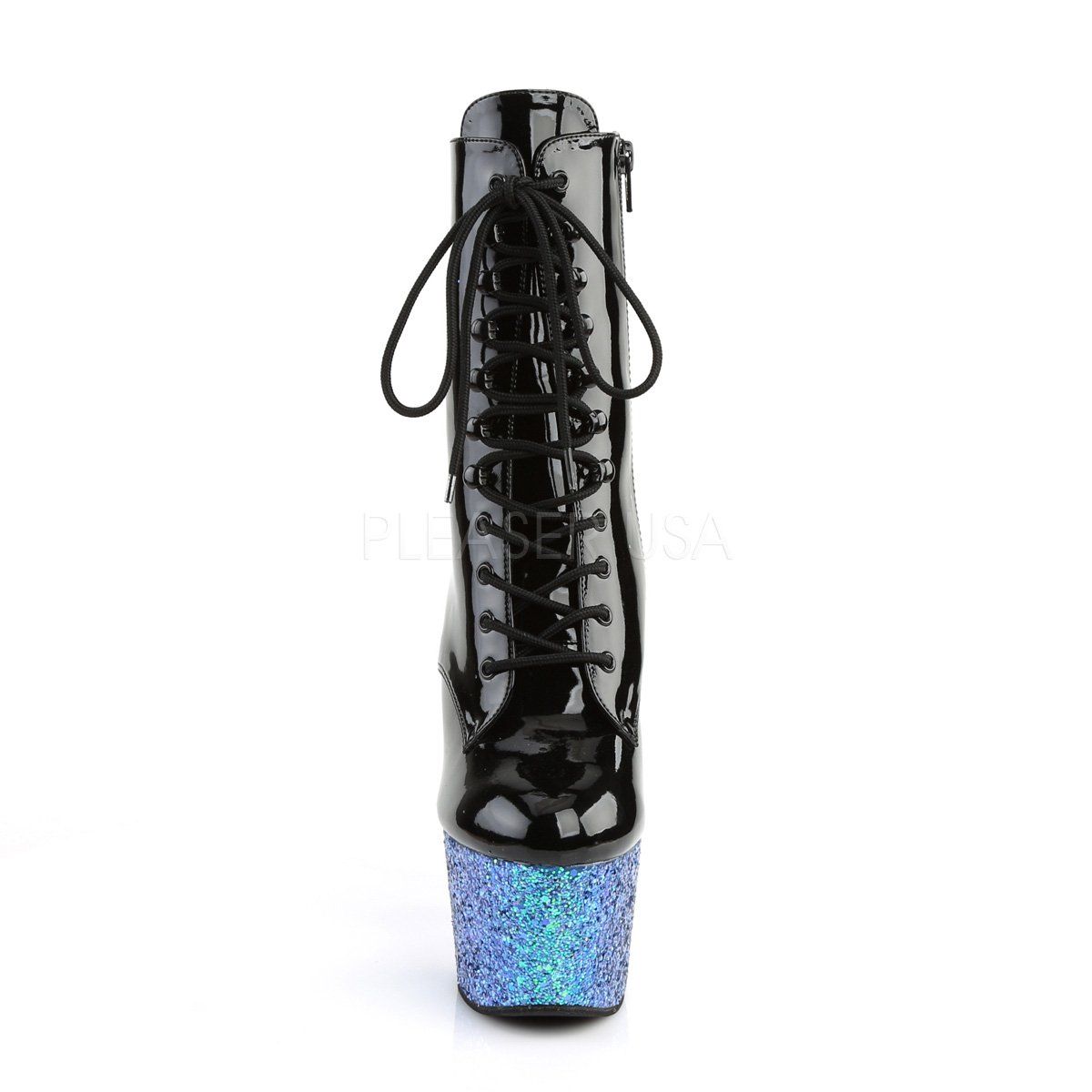 ADORE-1020LG Black Patent/Blue Multi Glitter Ankle Boot Pleaser