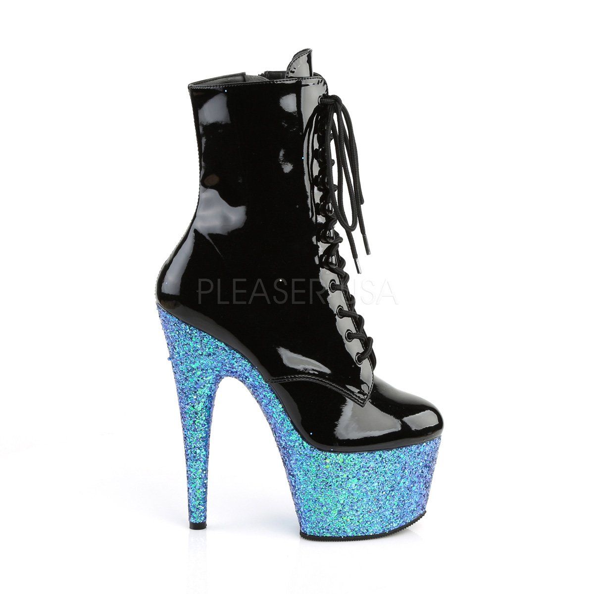 ADORE-1020LG Black Patent/Blue Multi Glitter Ankle Boot Pleaser