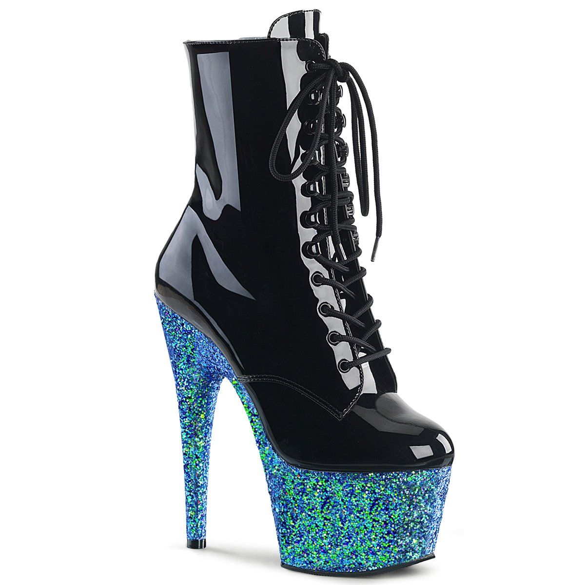 ADORE-1020LG Black Patent/Blue Multi Glitter Ankle Boot Pleaser