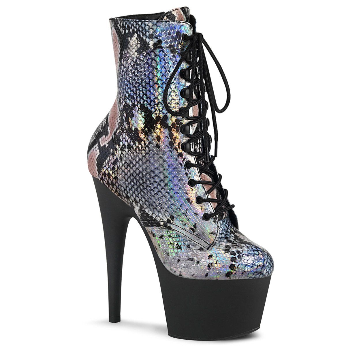 ADORE-1020SP Silver Holo Snake Print Ankle Boot Pleaser