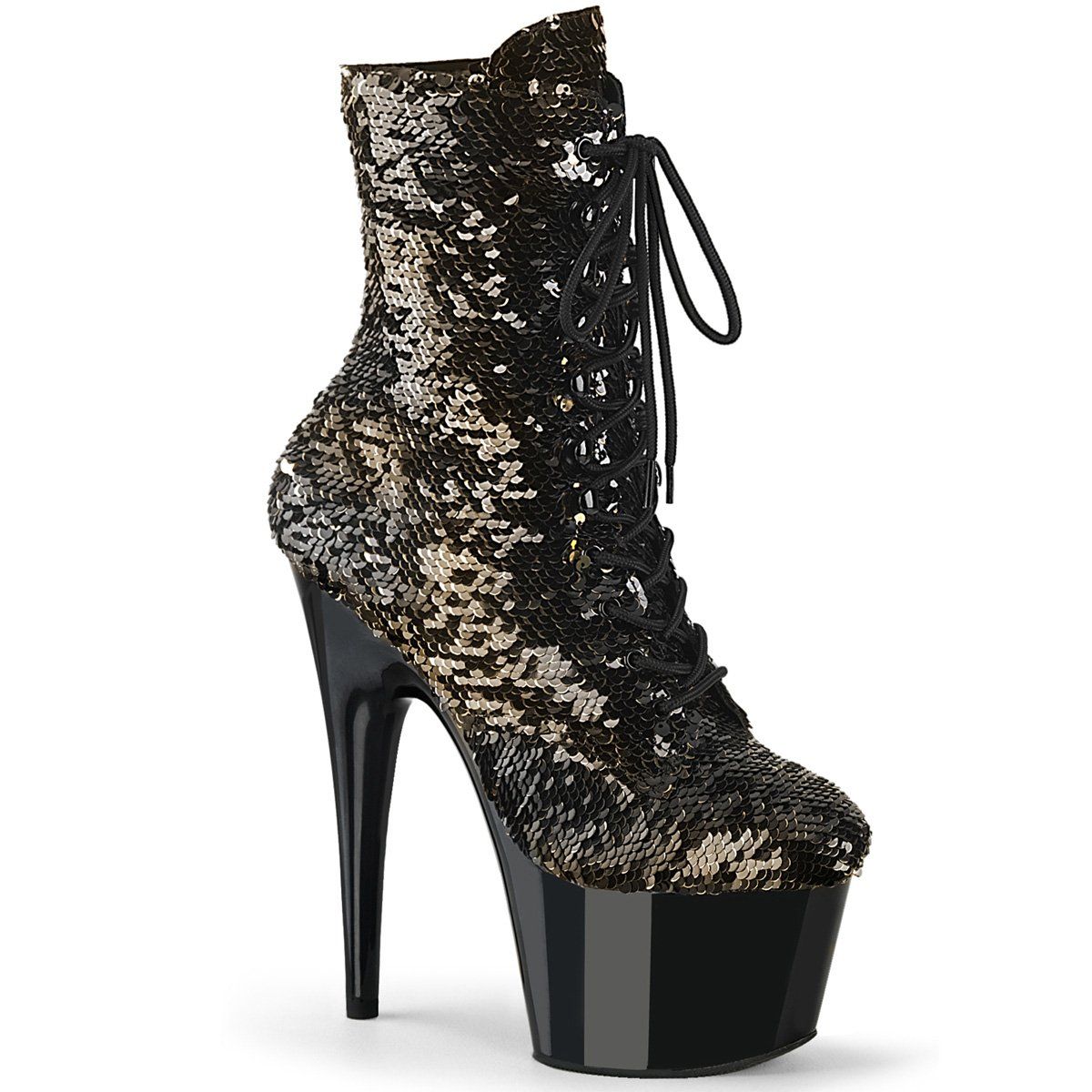 ADORE-1020SQ Black-Gold Flip Sequins/Black Ankle Boot Pleaser
