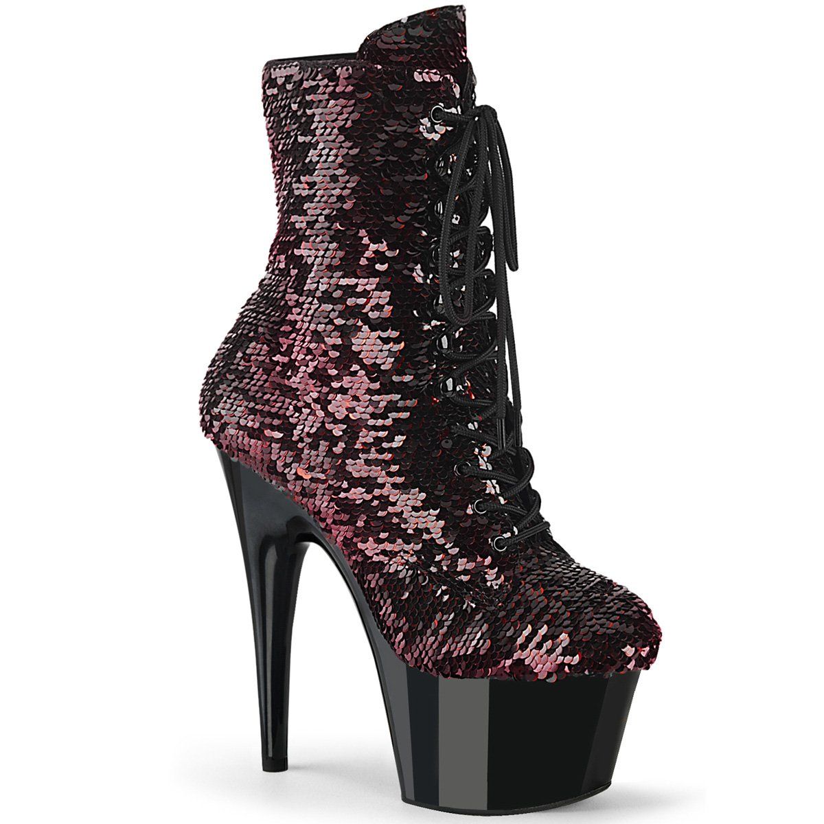 ADORE-1020SQ Black-Red Flip Sequins/Black Ankle Boot Pleaser