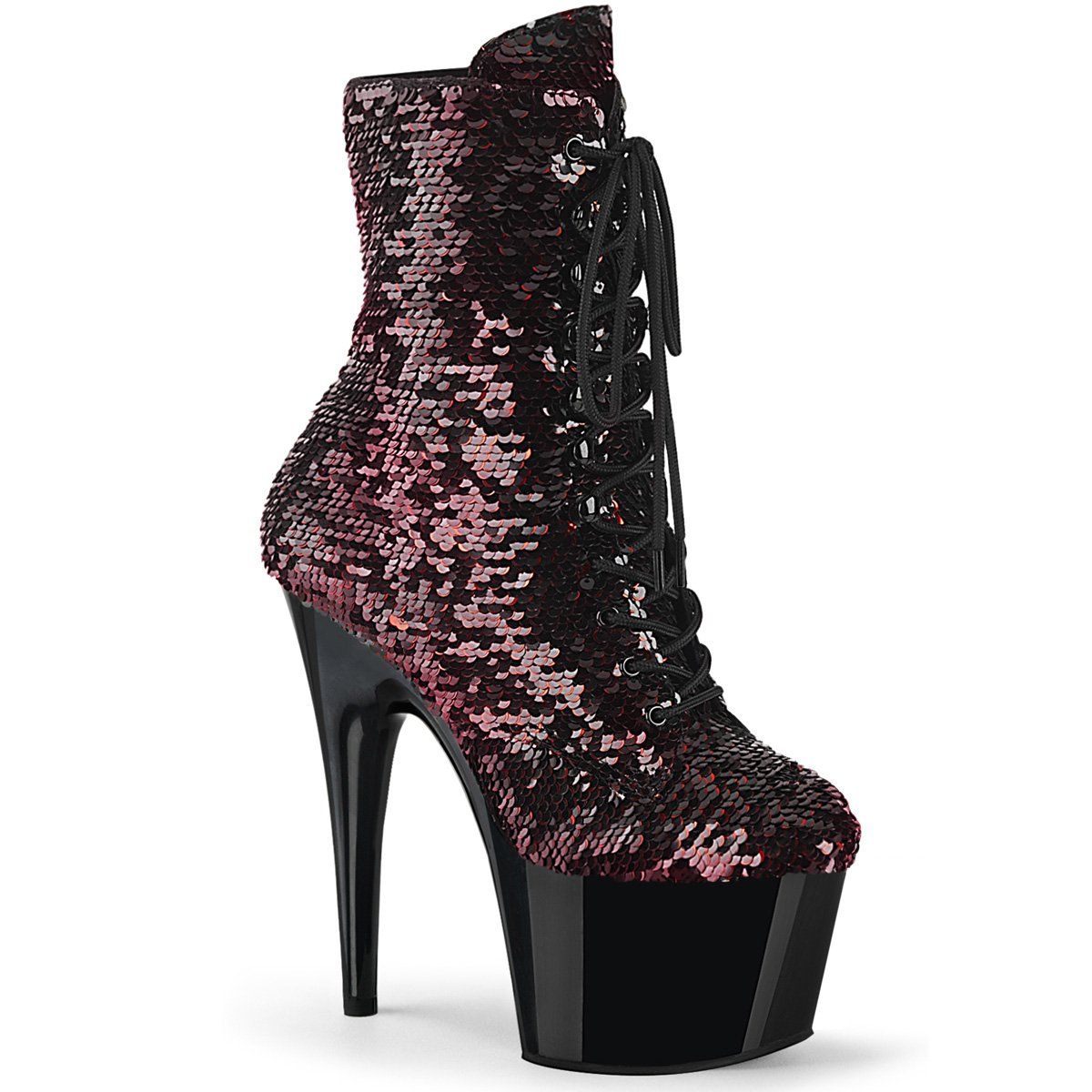 ADORE-1020SQ Black-Red Flip Sequins/Black Ankle Boot Pleaser