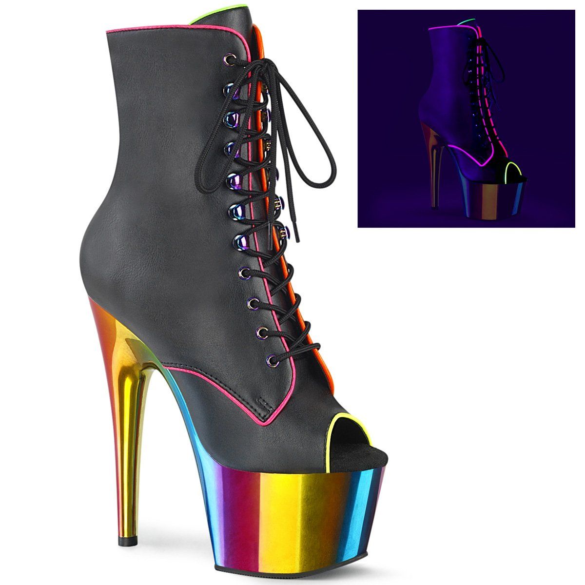 ADORE-1021RC-02 Black Faux Leather/Rainbow Chrome Ankle Boot Pleaser