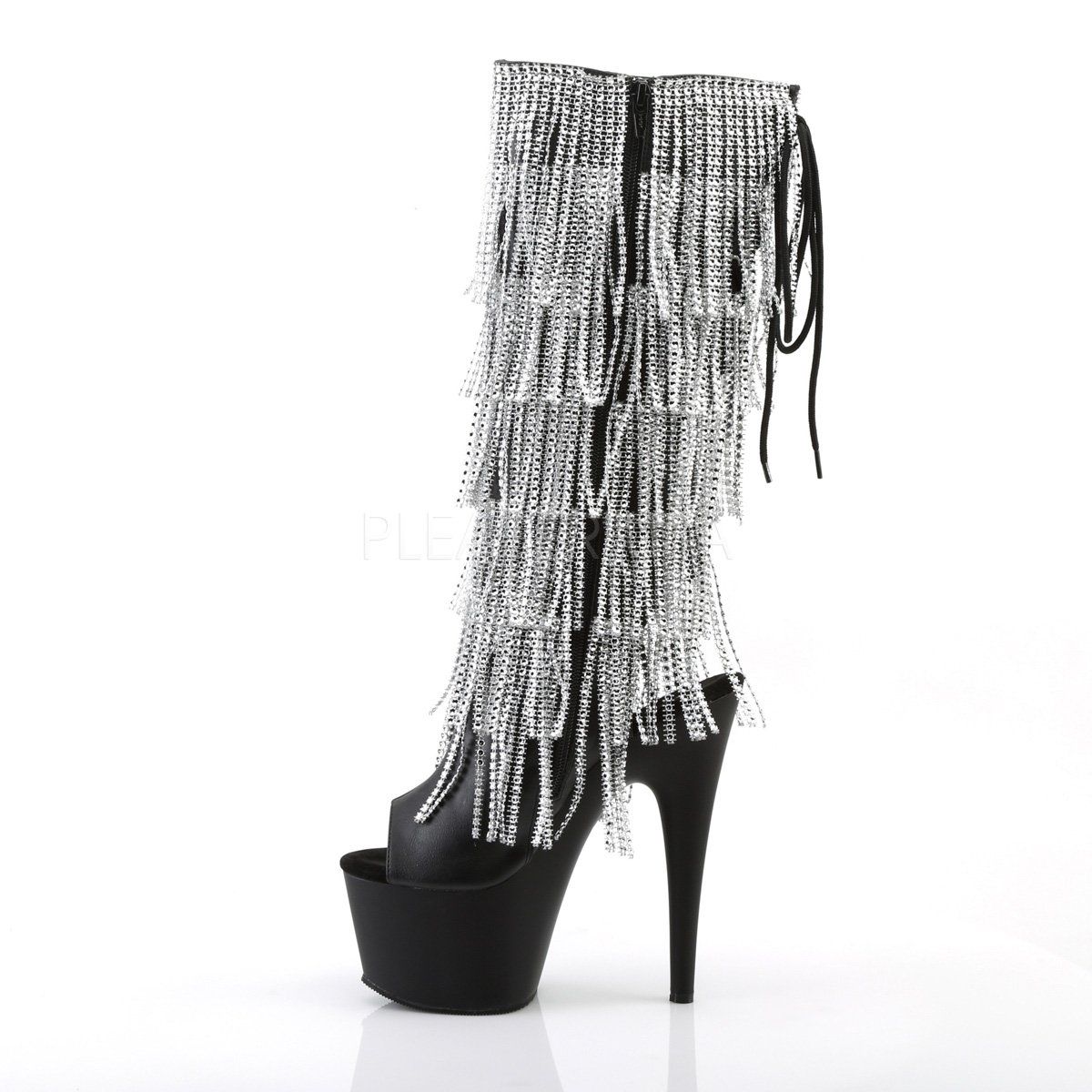 ADORE-2024RhinestoneF Black Stretch Faux Leather Knee Boot Pleaser