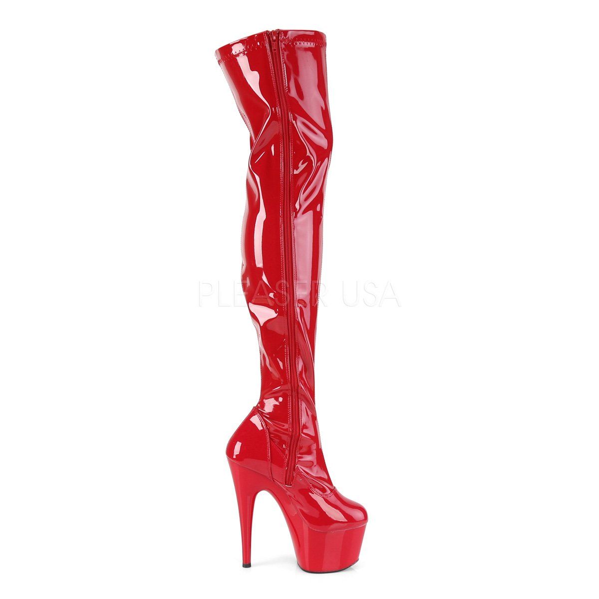 ADORE-3000 Red Stretch Patent/Red Thigh Boot Pleaser