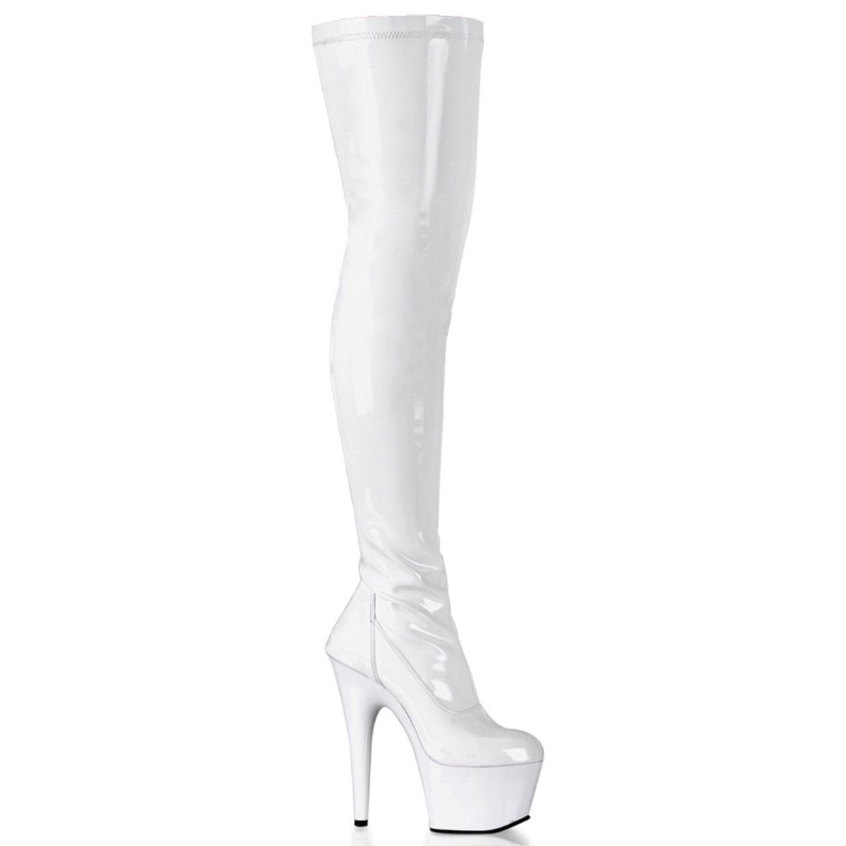 ADORE-3000 White Stretch Patent/White Thigh Boot Pleaser