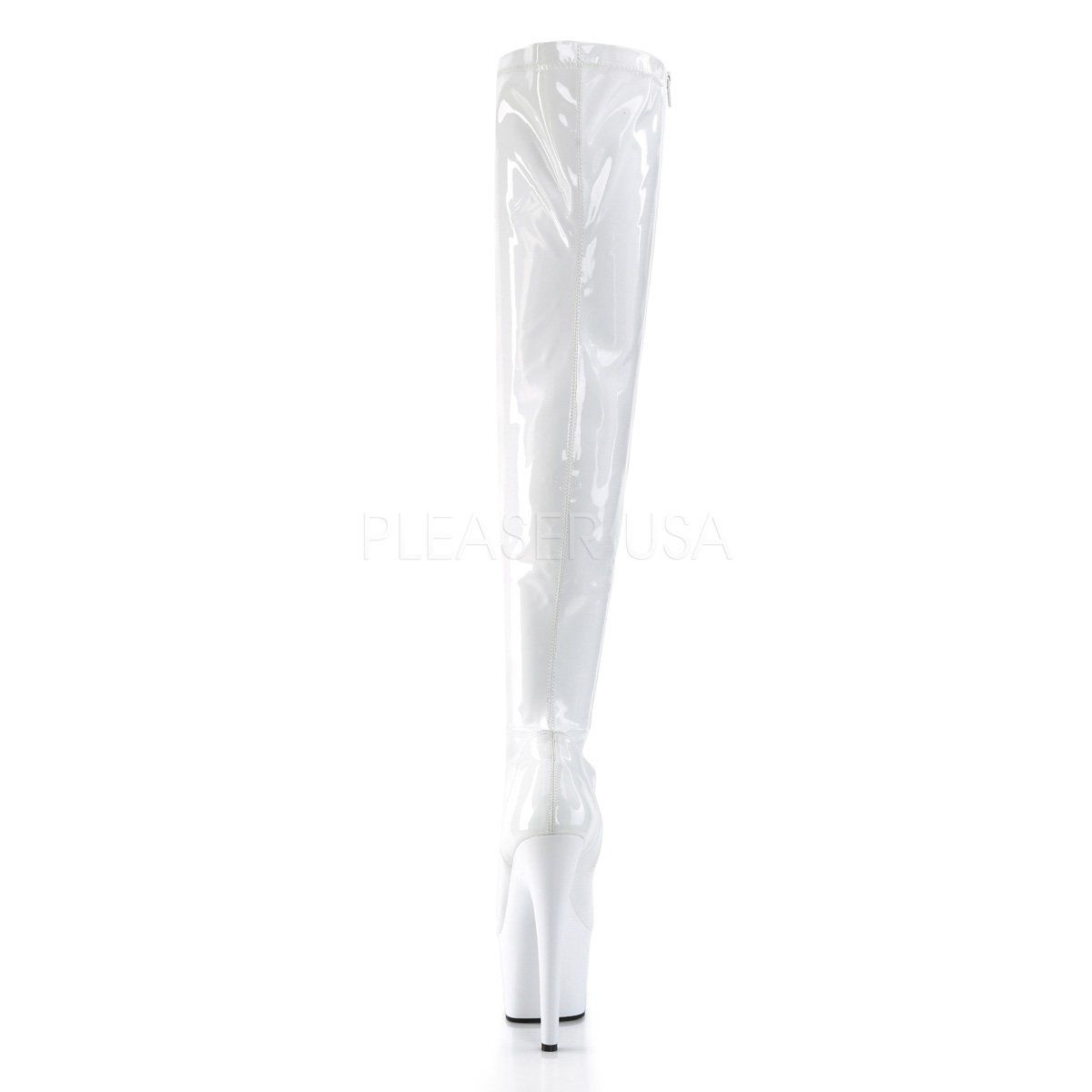 ADORE-3000 White Stretch Patent/White Thigh Boot Pleaser