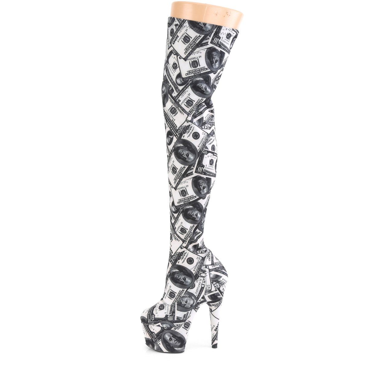ADORE-3000DP White-Black Stretch Fabric/White-Black Fabric Thigh Boot Pleaser