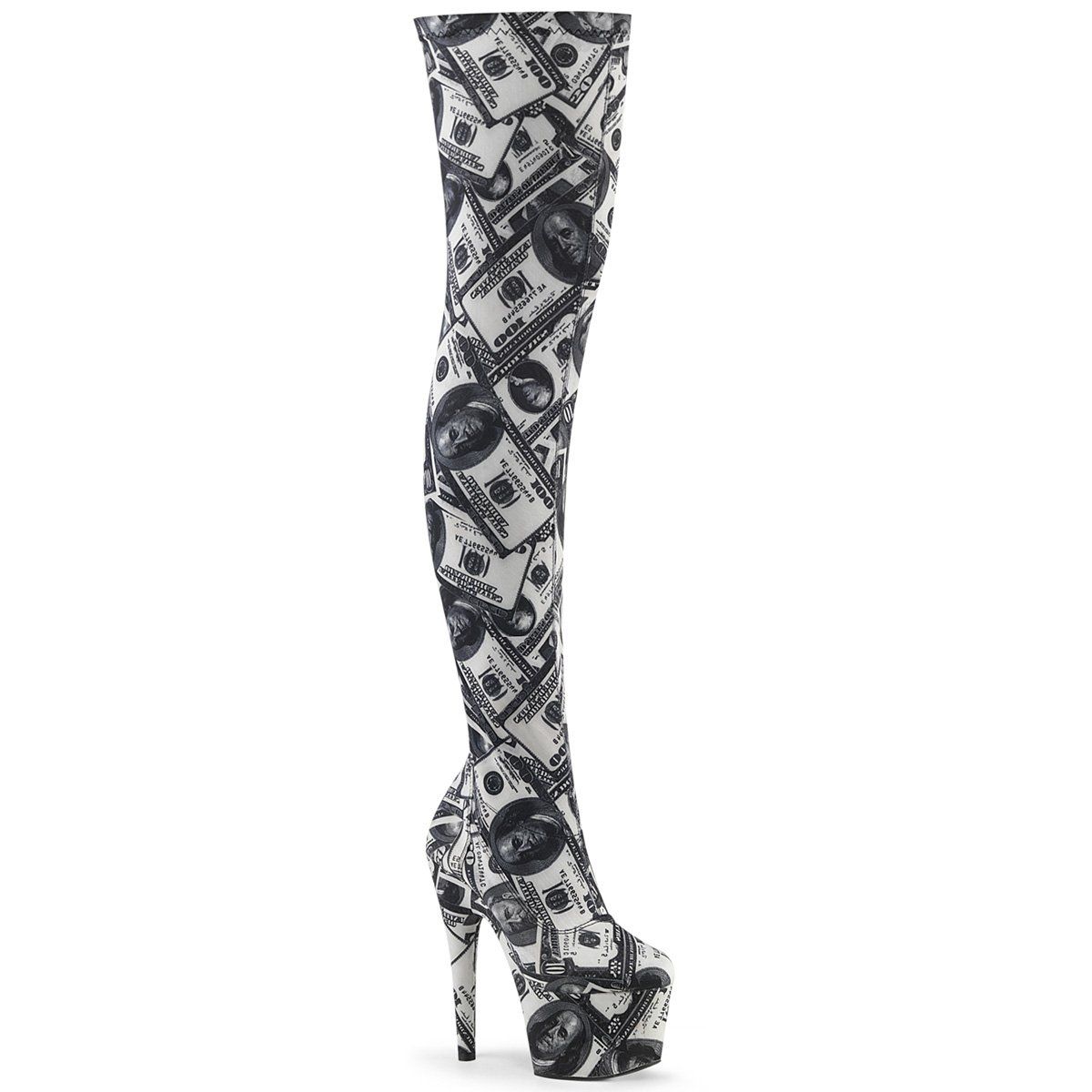 ADORE-3000DP White-Black Stretch Fabric/White-Black Fabric Thigh Boot Pleaser