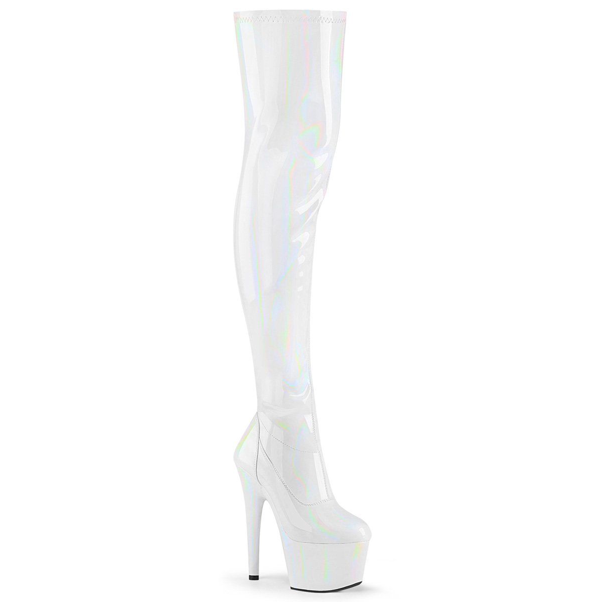 ADORE-3000HWR White Stretch Holo/White Holo Thigh Boot Pleaser
