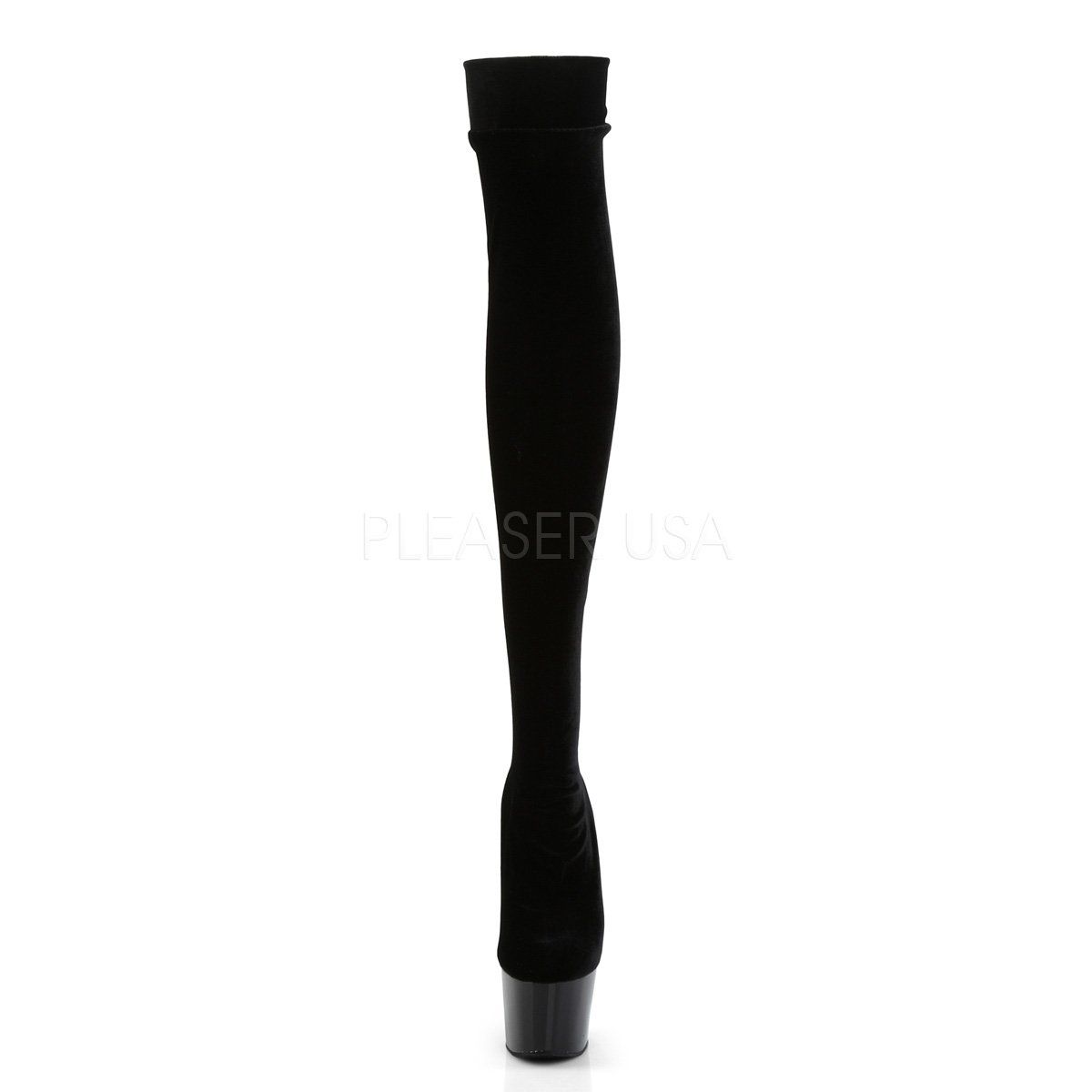 ADORE-3002 Black Stretch Velvet/Black Thigh Boot Pleaser