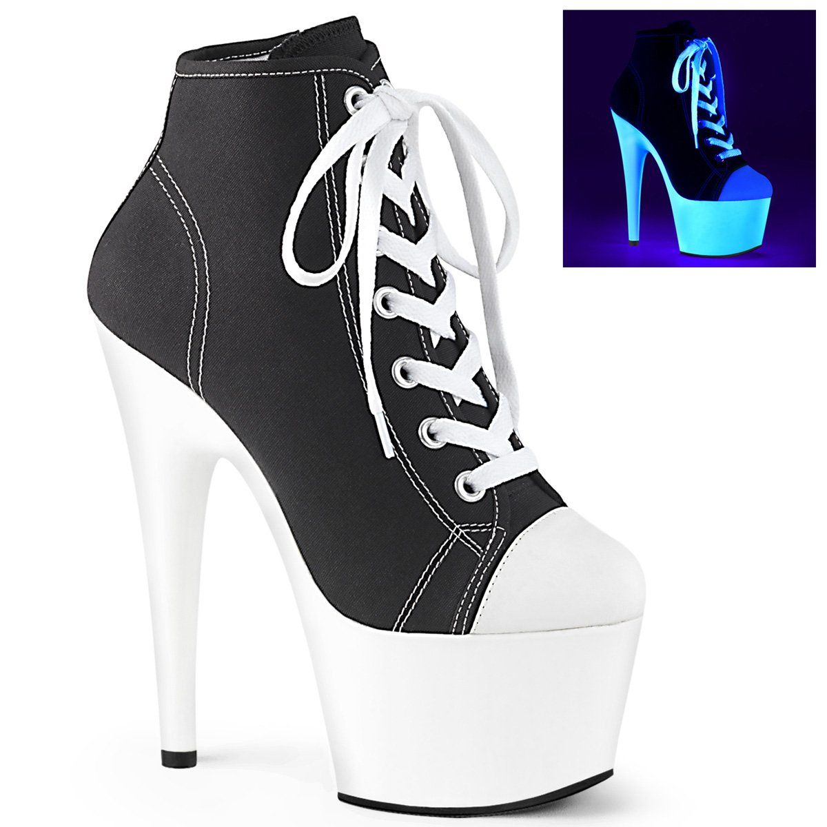 ADORE-700SK-02 Black Canvas/Neon White Sneaker Heels Pleaser