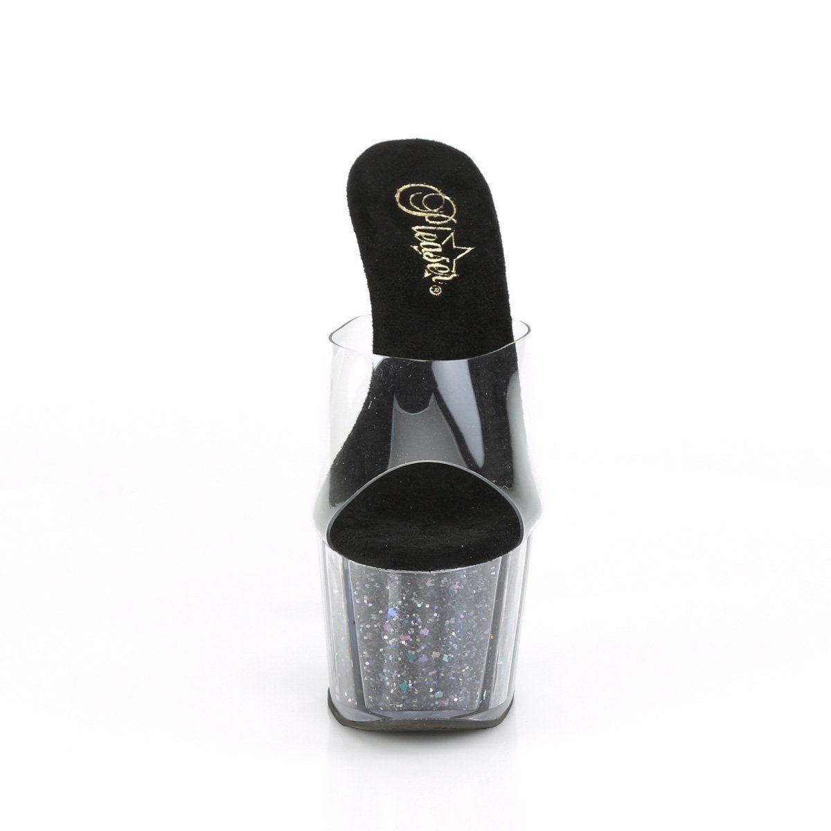 ADORE-701CG Clear/Black Confetti Glitter Slide Pleaser