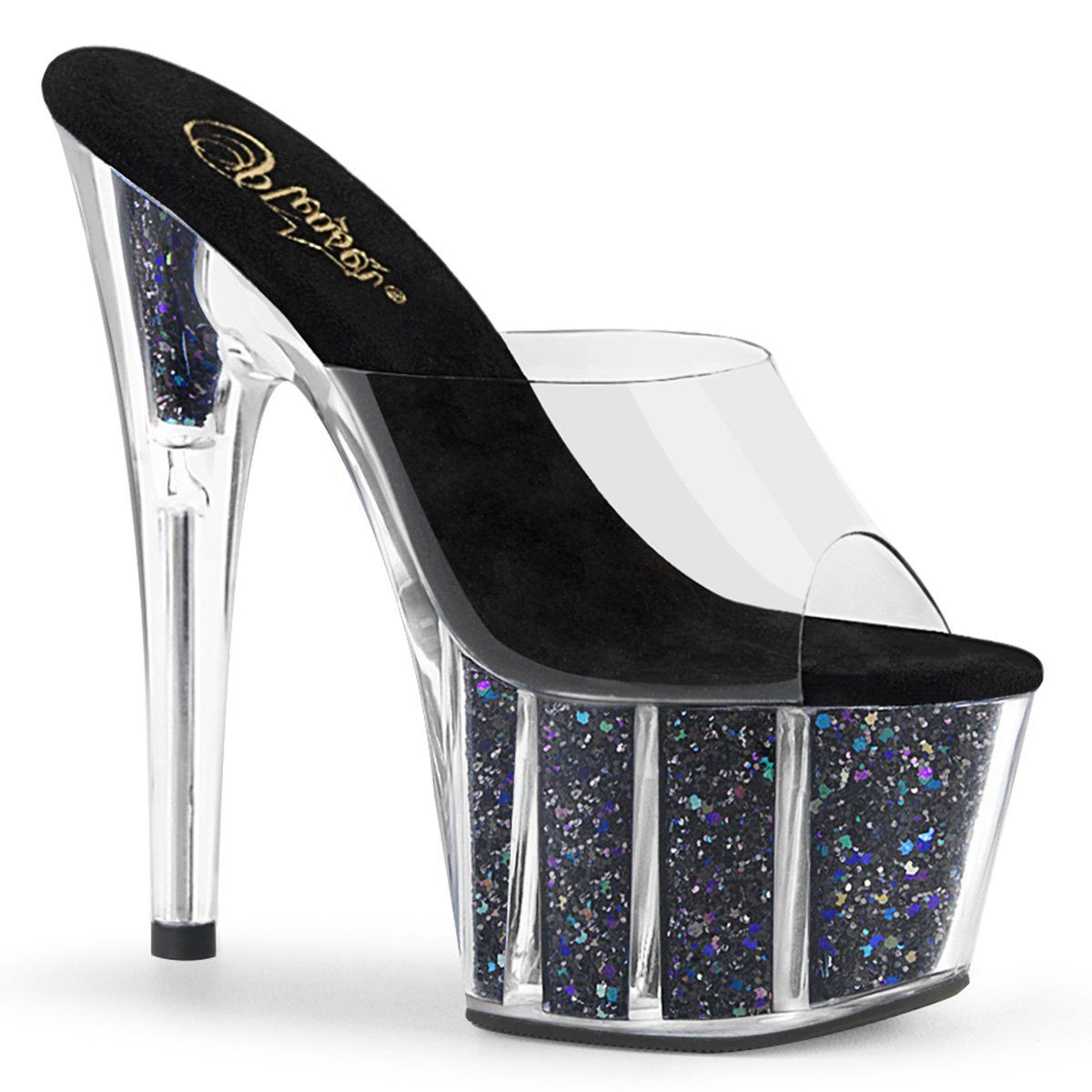ADORE-701CG Clear/Black Confetti Glitter Slide Pleaser