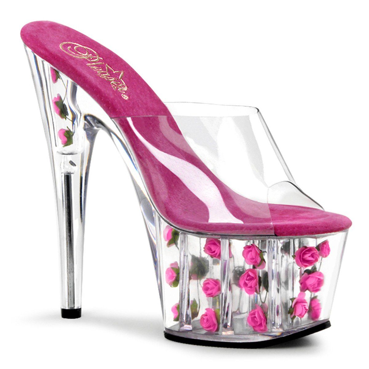 ADORE-701FL Clear/Hot Pink Flowers Slide Pleaser