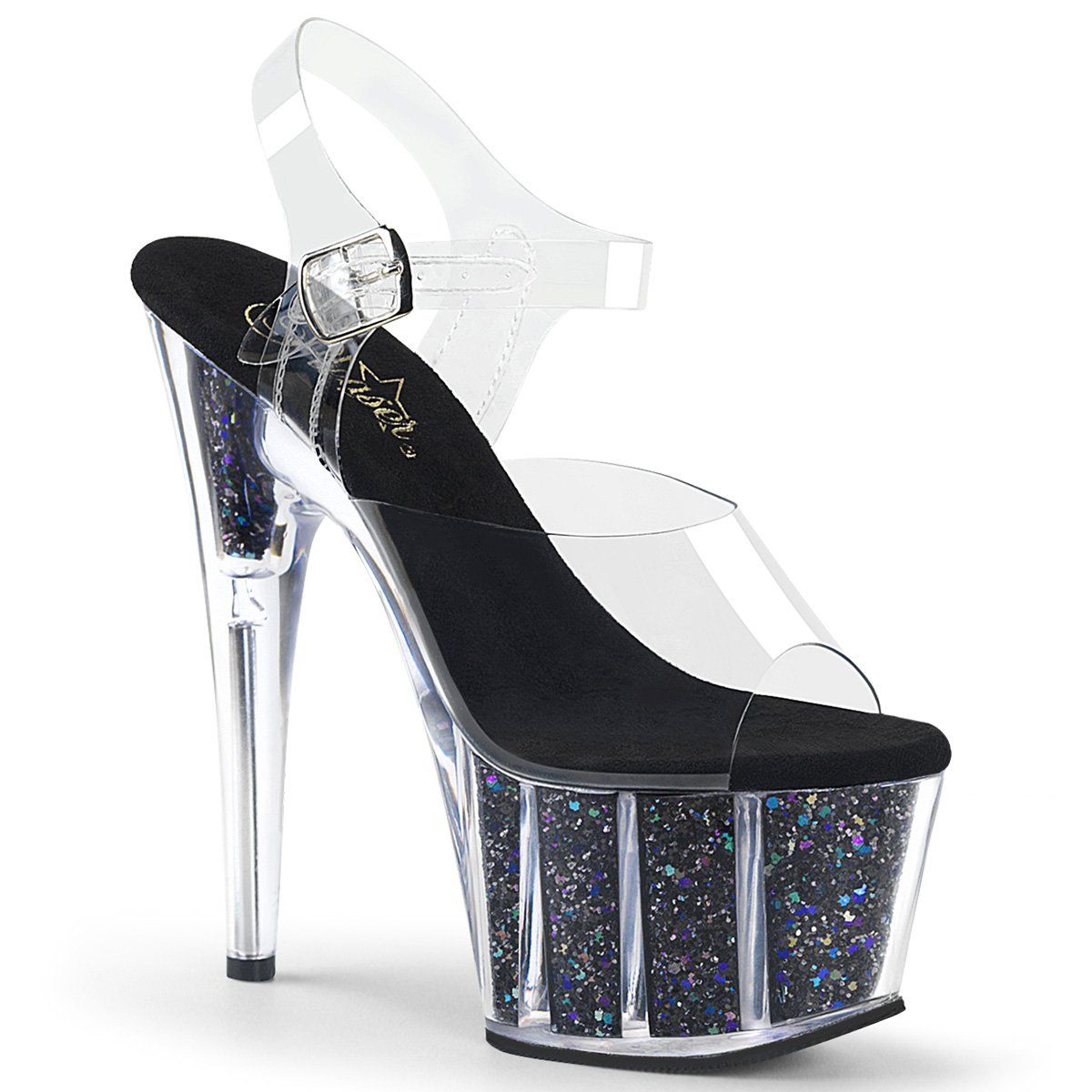 ADORE-708CG Clear/Black Confetti Glitter Platform Sandal Pleaser