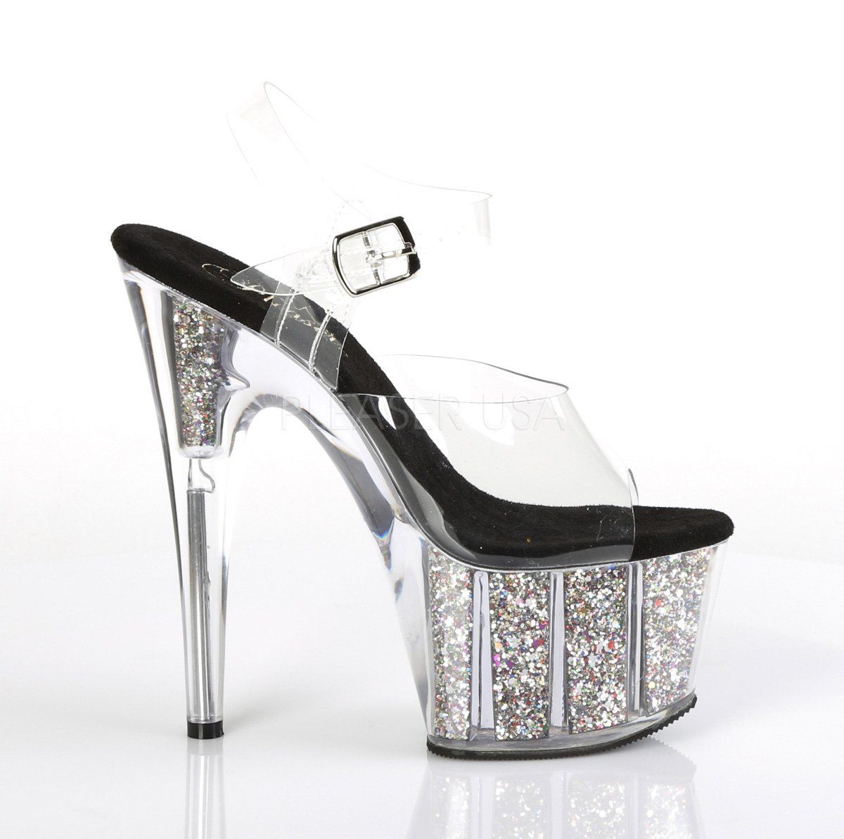 ADORE-708CG Clear/Silver Confetti Glitter Platform Sandal Pleaser