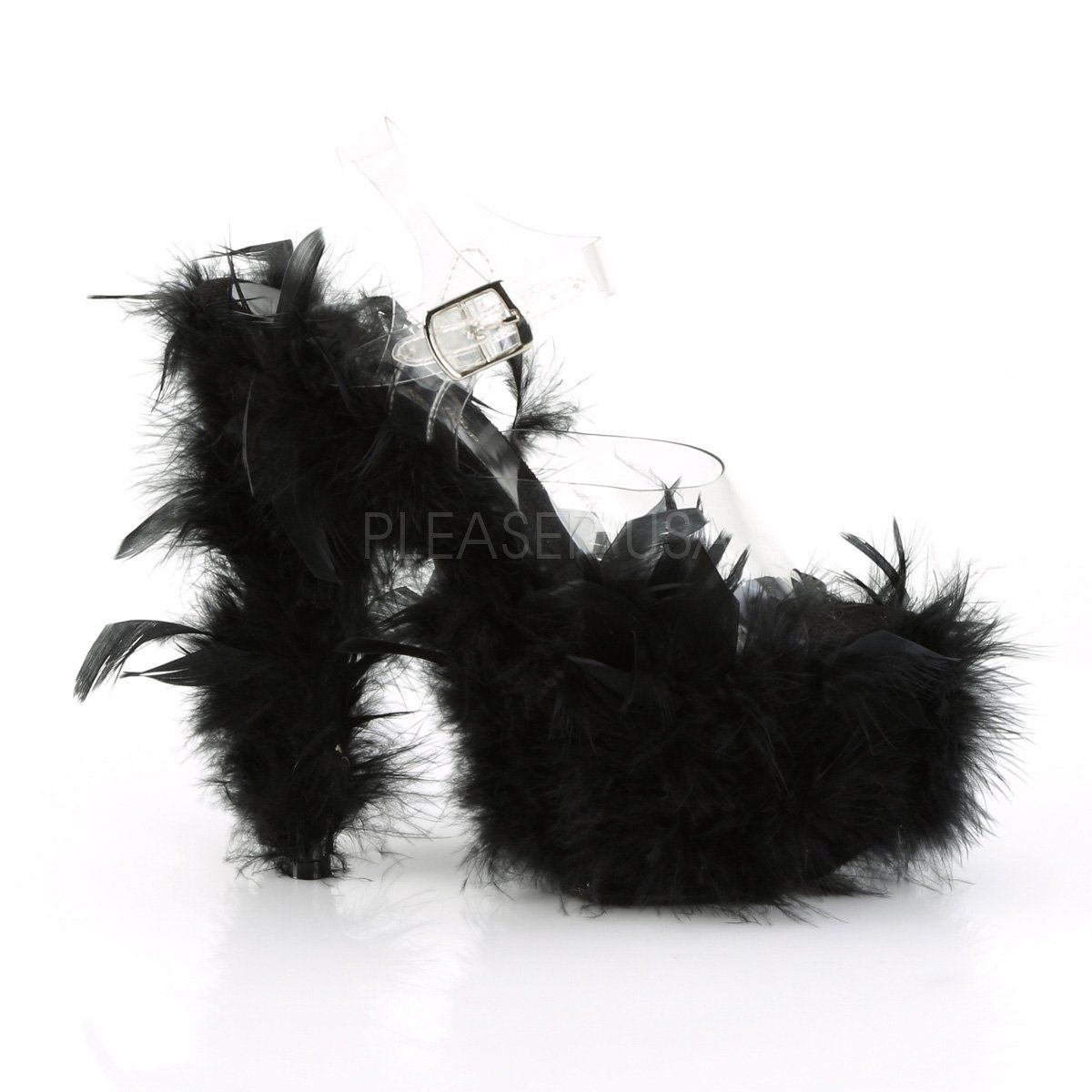 ADORE-708F Clear/Black Marabou Feather Platform Sandal Pleaser