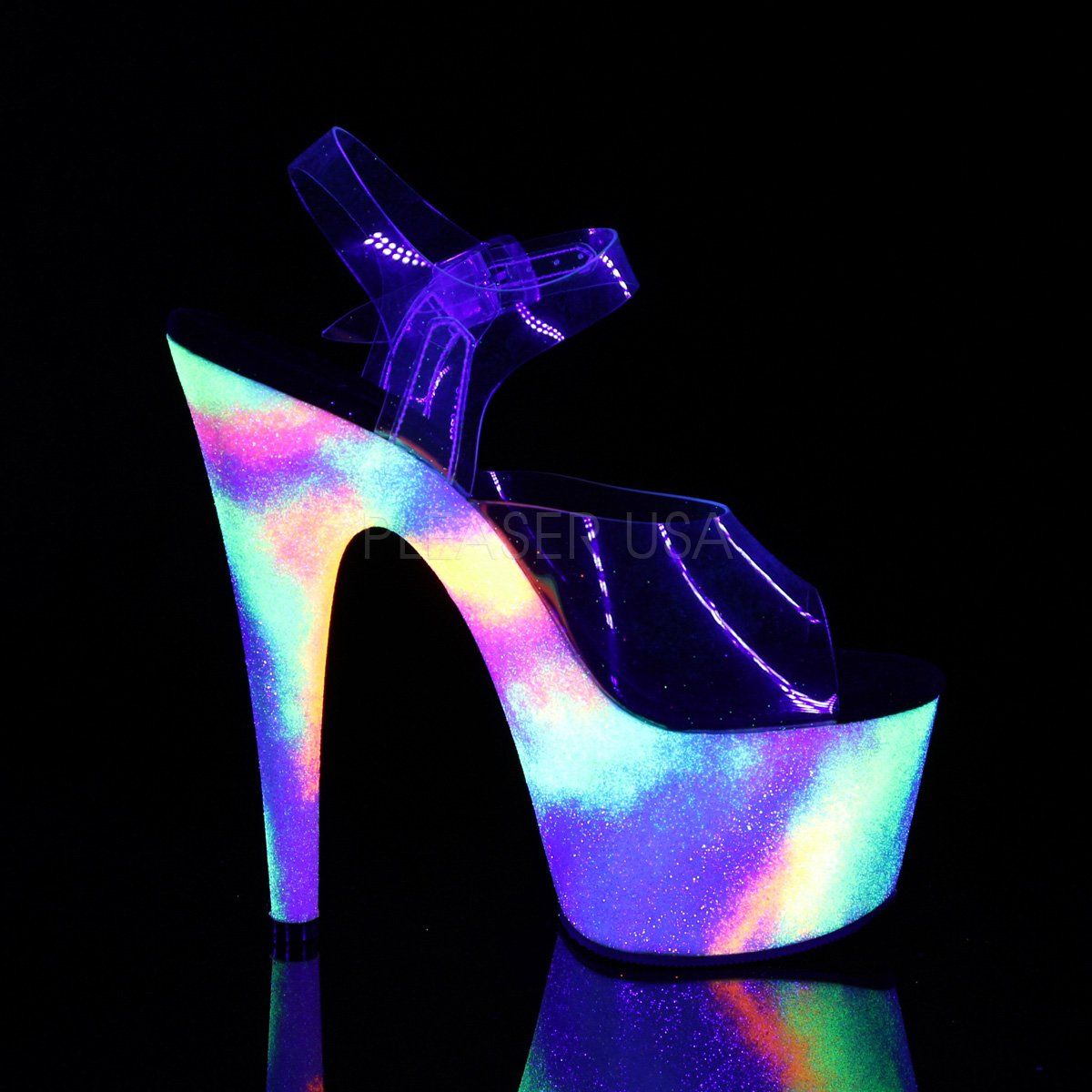 ADORE-708GXY Clear/Neon Galaxy Glitter Platform Sandal Pleaser