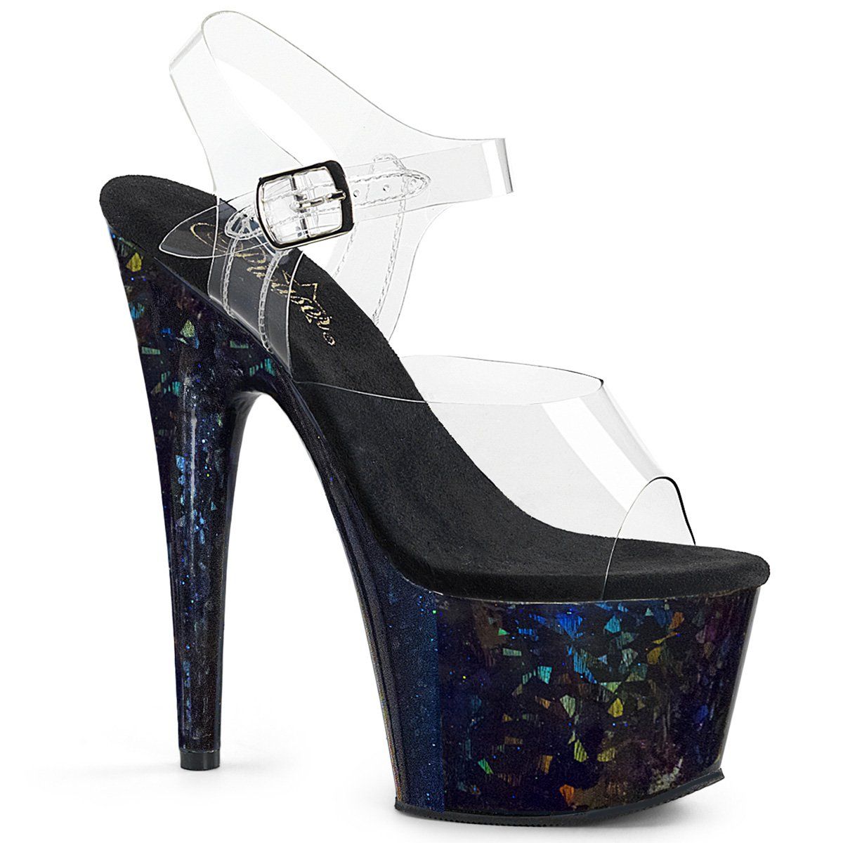 ADORE-708HSP Clear/Midnight Blue Hologram Platform Sandal Pleaser