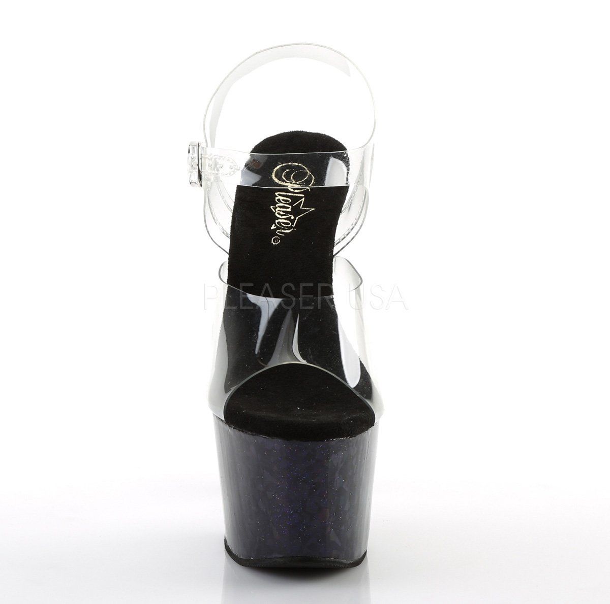 ADORE-708HSP Clear/Midnight Blue Hologram Platform Sandal Pleaser