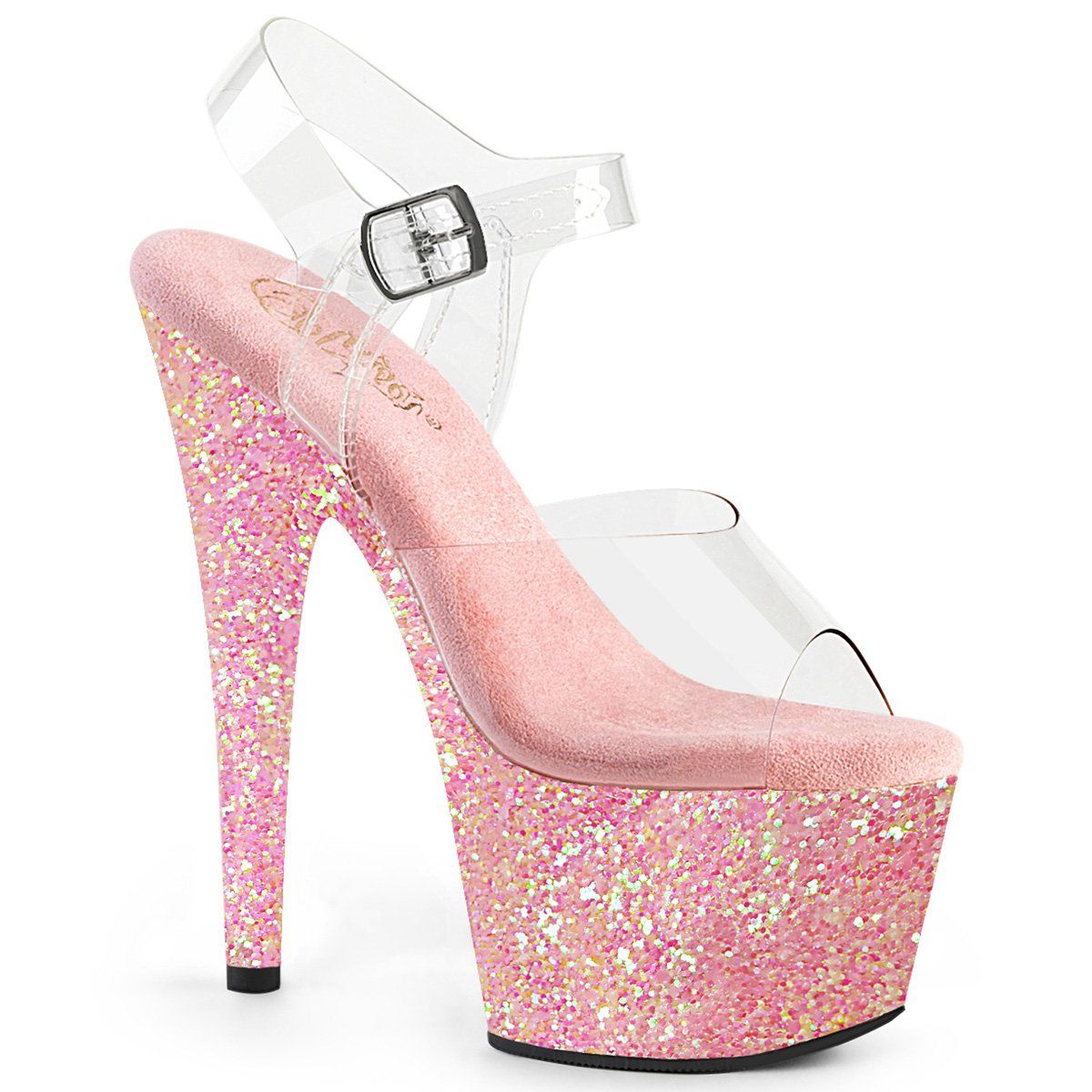 ADORE-708LG Clear/Baby Pink Glitter Platform Sandal Pleaser