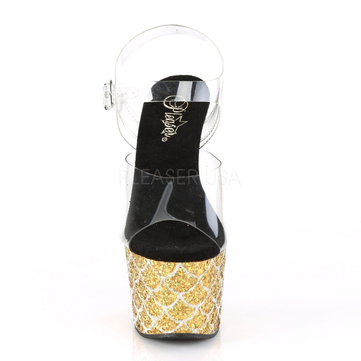 ADORE-708MSLG Clear/Gold Multi Glitter Mermaid Platform Sandal Pleaser