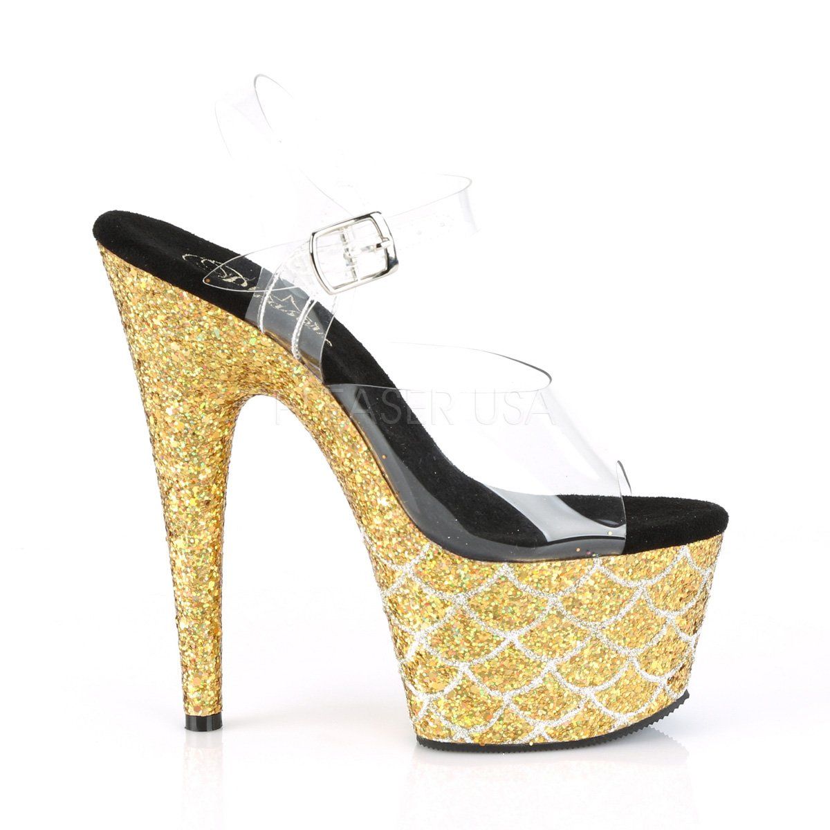 ADORE-708MSLG Clear/Gold Multi Glitter Mermaid Platform Sandal Pleaser