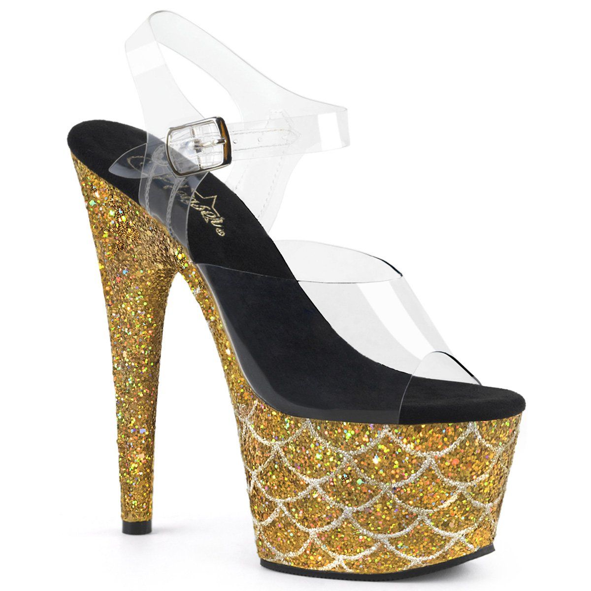 ADORE-708MSLG Clear/Gold Multi Glitter Mermaid Platform Sandal Pleaser