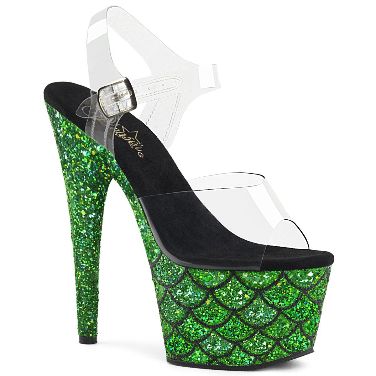 ADORE-708MSLG Clear/Green Multi Glitter Platform Sandal Pleaser