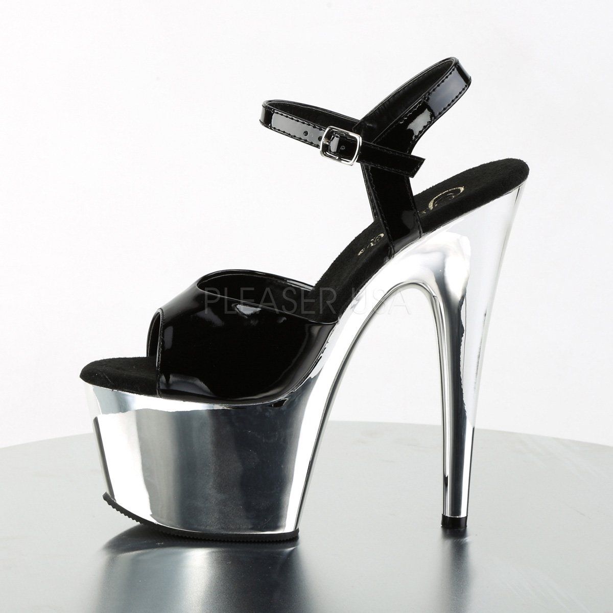 ADORE-709 Black Patent/Silver Chrome Platform Sandal Pleaser