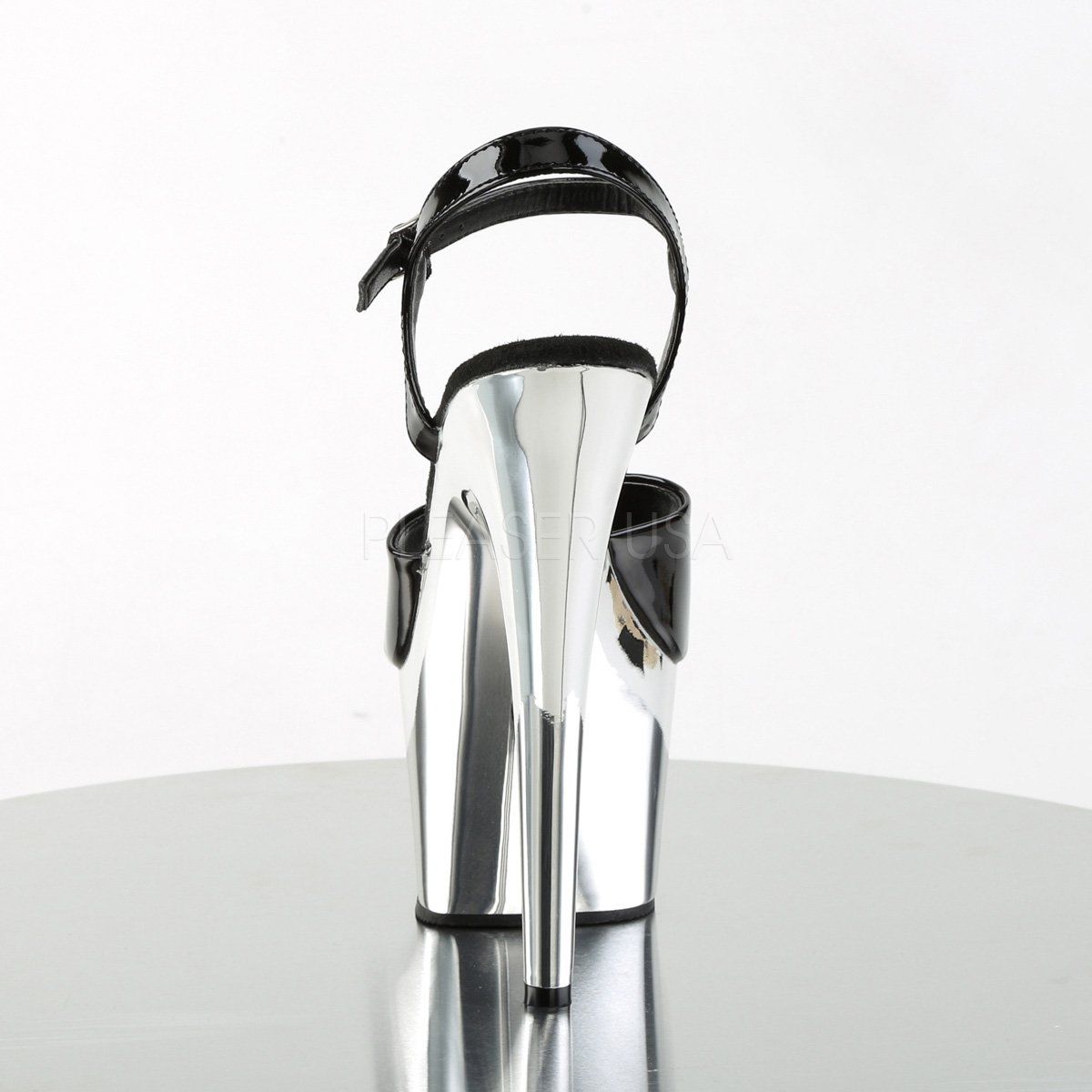 ADORE-709 Black Patent/Silver Chrome Platform Sandal Pleaser
