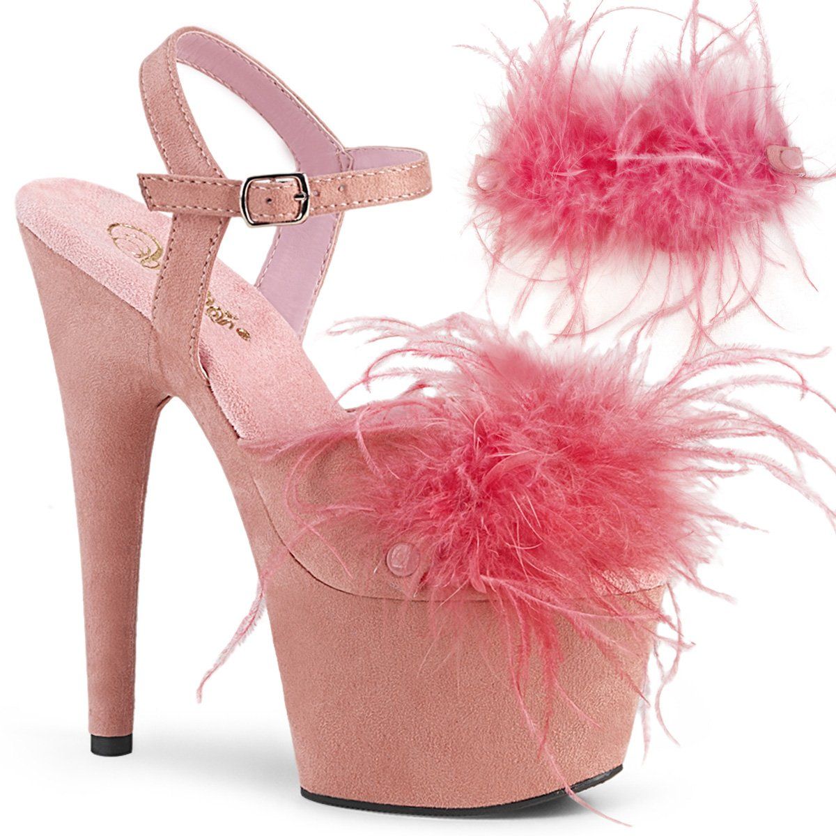 ADORE-709F Baby Pink Faux Suede-Feather/Baby Pink Faux Suede Platform Sandal Pleaser
