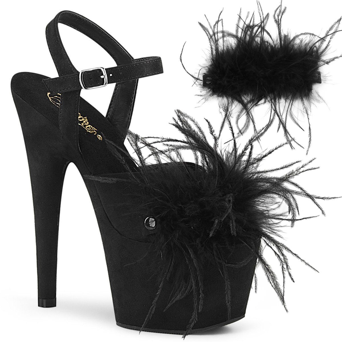 ADORE-709F Black Faux Suede-Feather Platform Sandal Pleaser