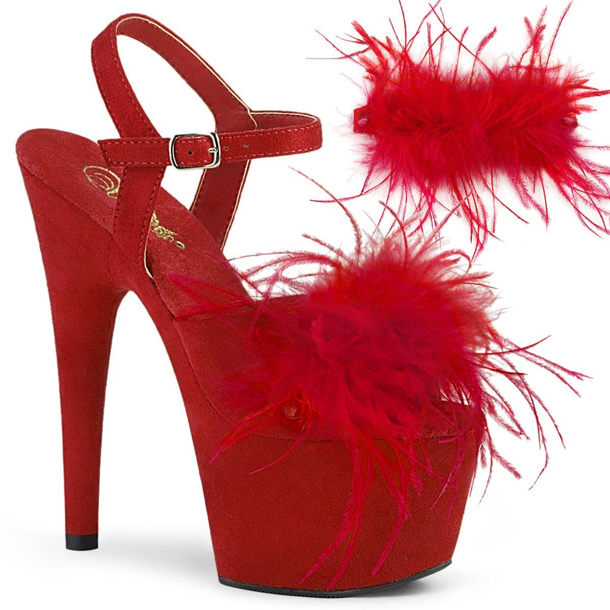 ADORE-709F Red Faux Suede-Feather/Red Faux Suede Platform Sandal Pleaser