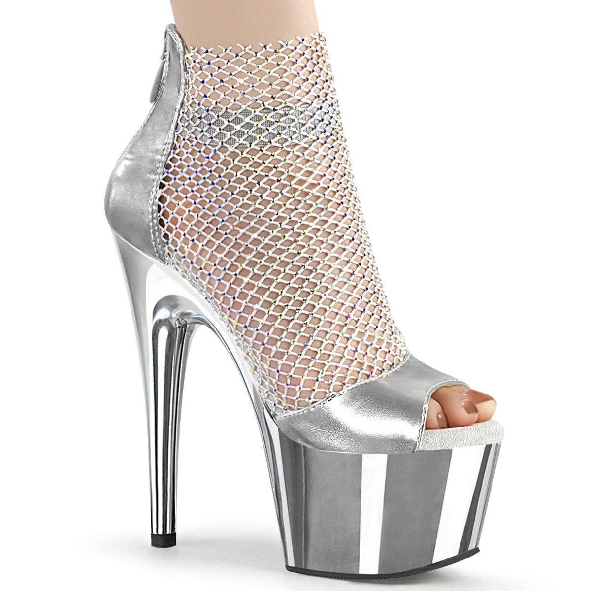ADORE-765RM Silver Metallic Pu-Rhinestone Mesh/Silver Chrome Platform Sandal Pleaser