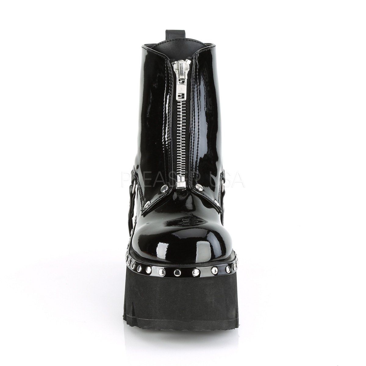 ASHES-100 Black Patent-Vegan Leather Ankle Boot Demonia