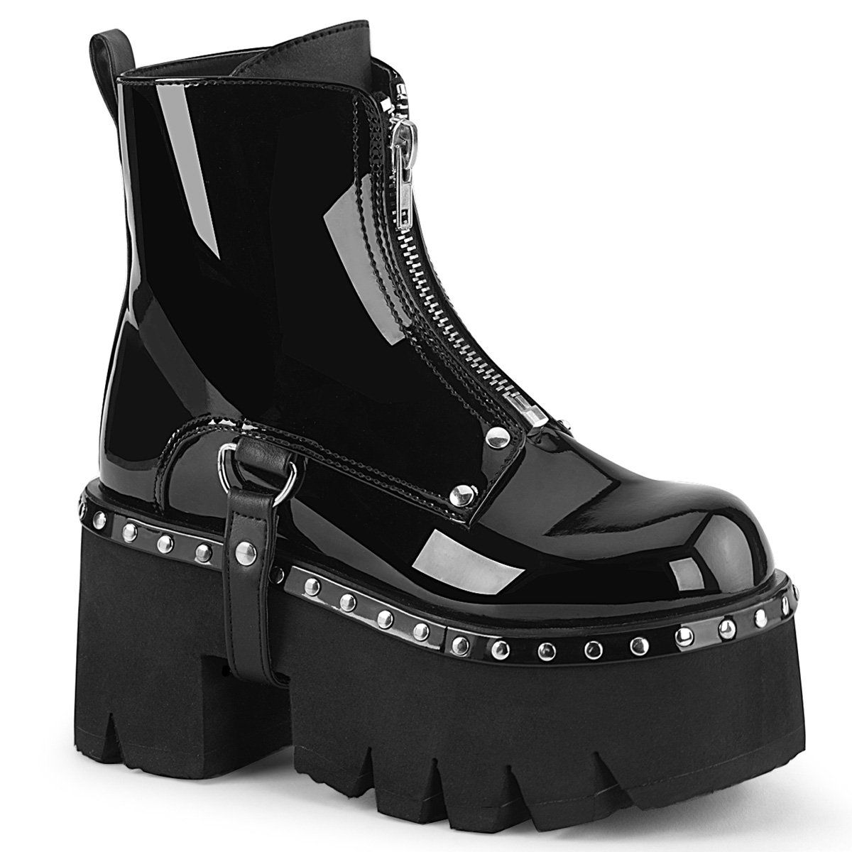 ASHES-100 Black Patent-Vegan Leather Ankle Boot Demonia