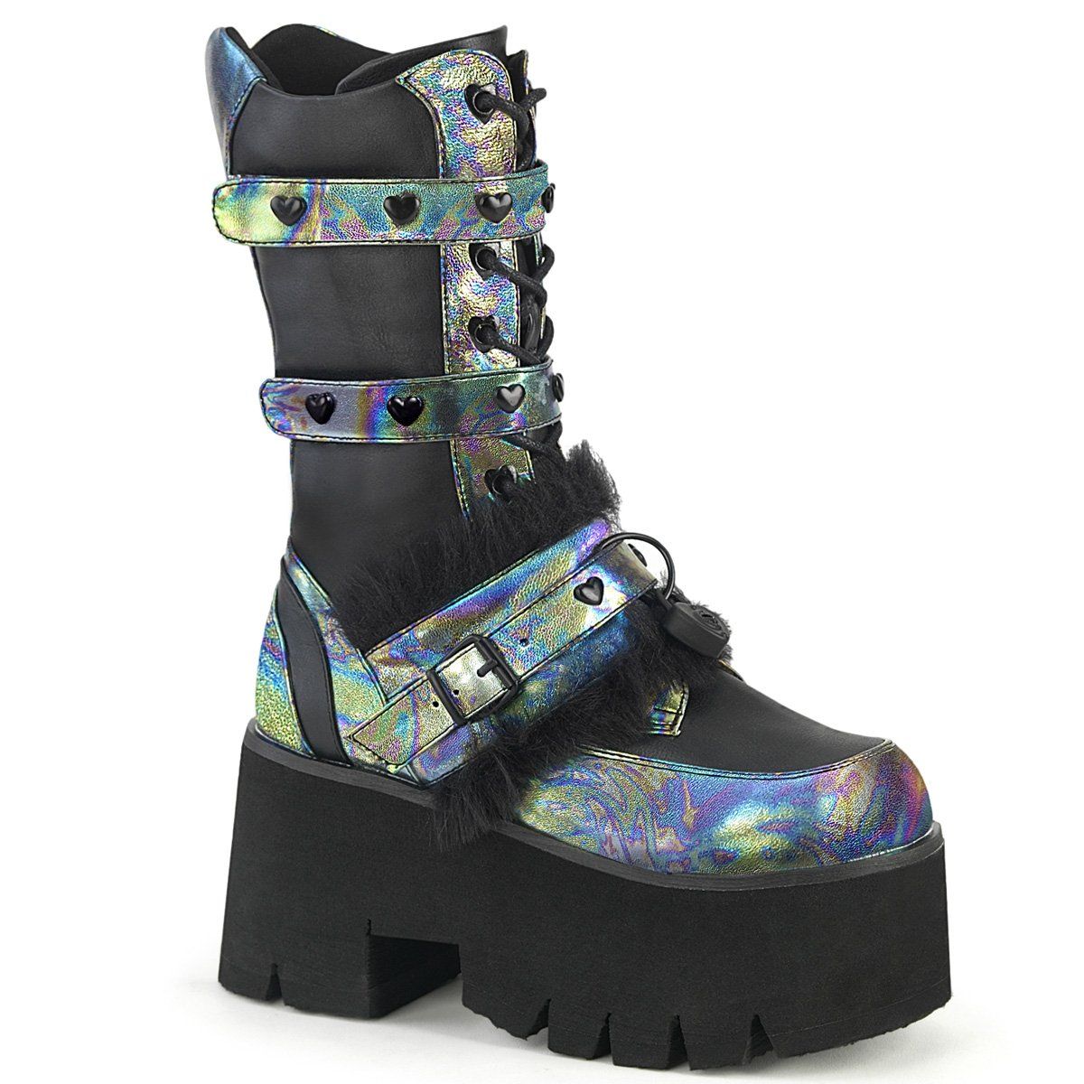 ASHES-120 Black Vegan Leather Green Multi Oil Mid-Calf Boot Demonia